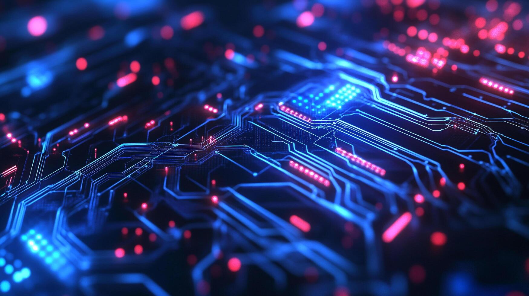 Abstract digital technology background with glowing blue circuit board traces and red dot highlights conveys futuristic tech design. photo