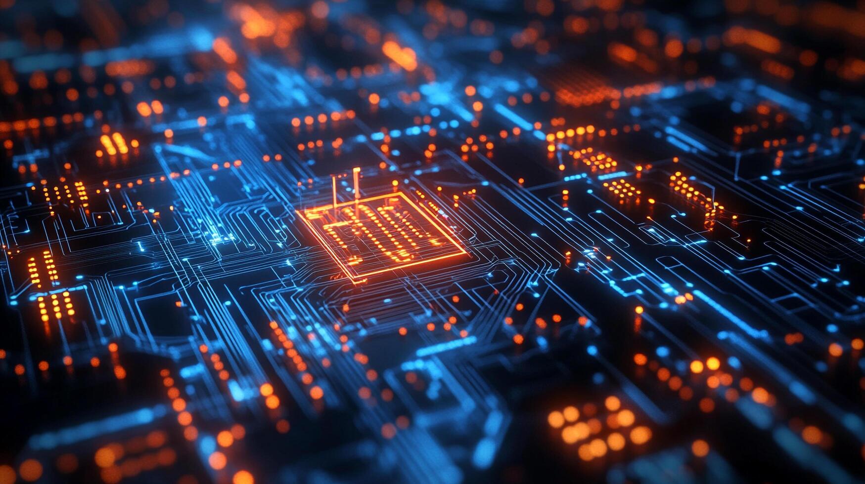 Abstract futuristic circuit board with glowing pathways. The glowing electronic patterns symbolize technology and digital systems. photo