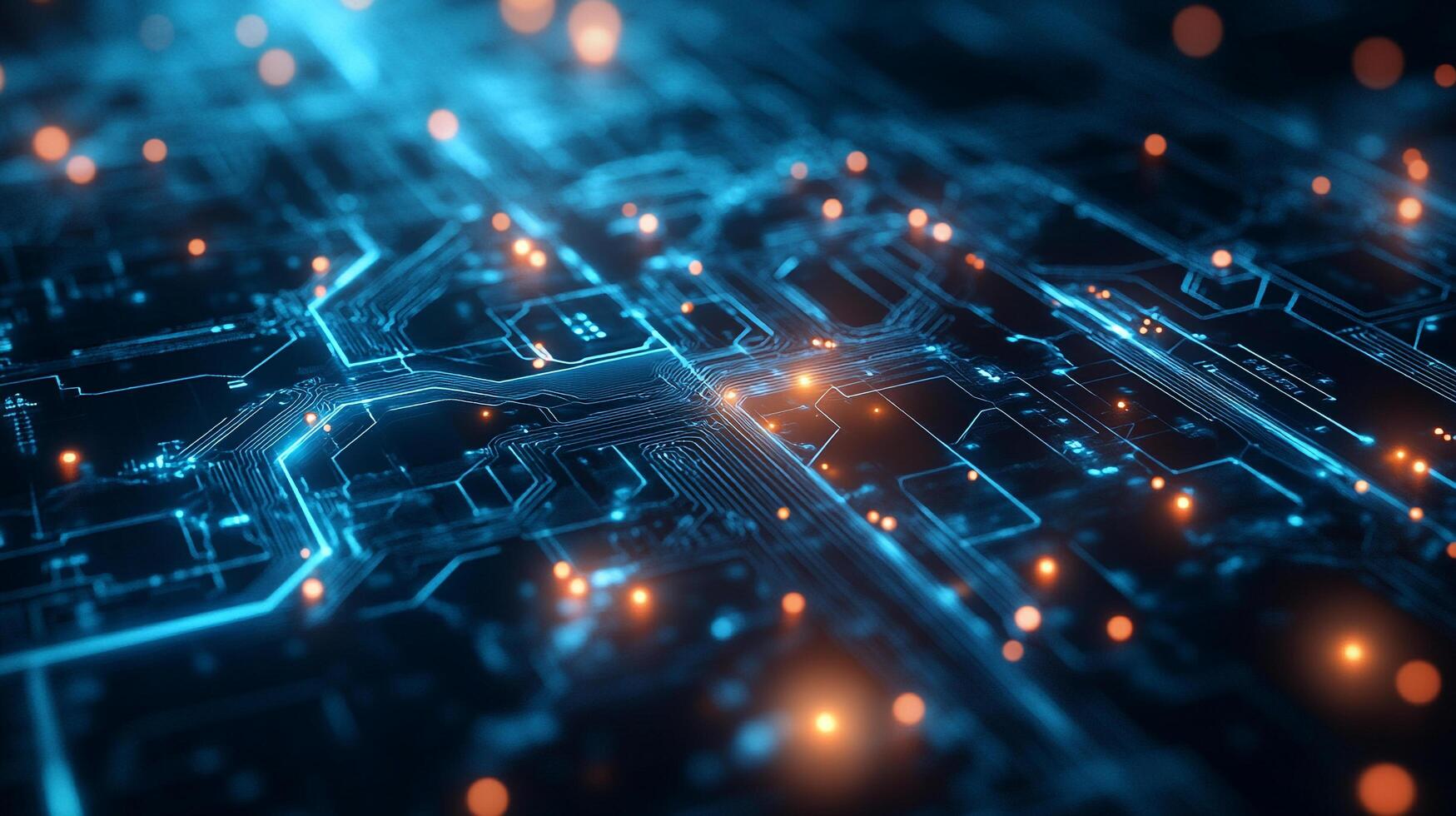 Electric circuit board with glowing orange lights. A detailed view of its intricate pathways. Illustrates technology's complex designs. photo