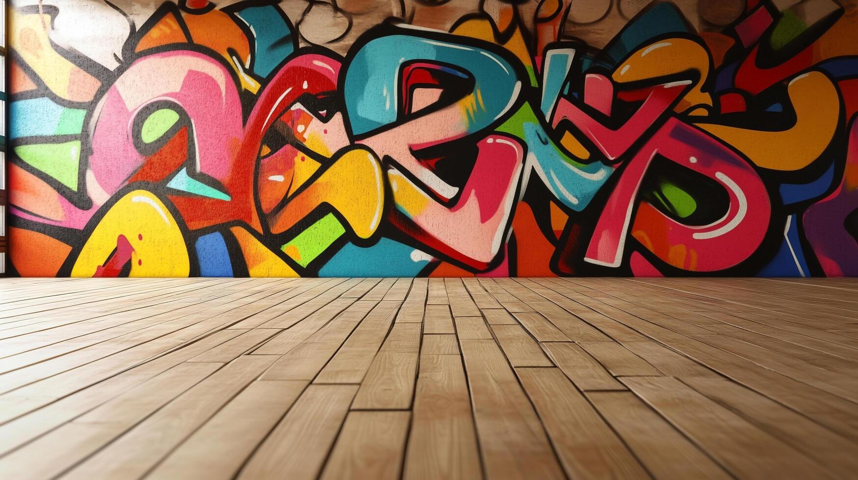 Vibrant graffiti art sprawls across the wall, a burst of colors and shapes contrasting with the clean, wooden floor in a modern setting. photo
