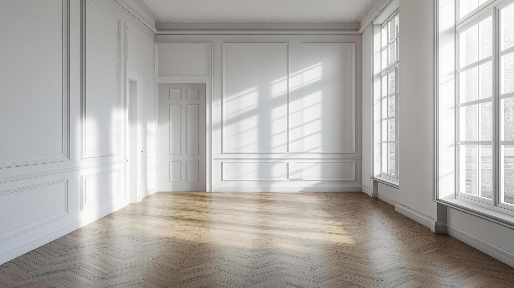 Bright and airy room with sunlight streaming through large windows, illuminating the elegant architectural details and herringbone floor. photo