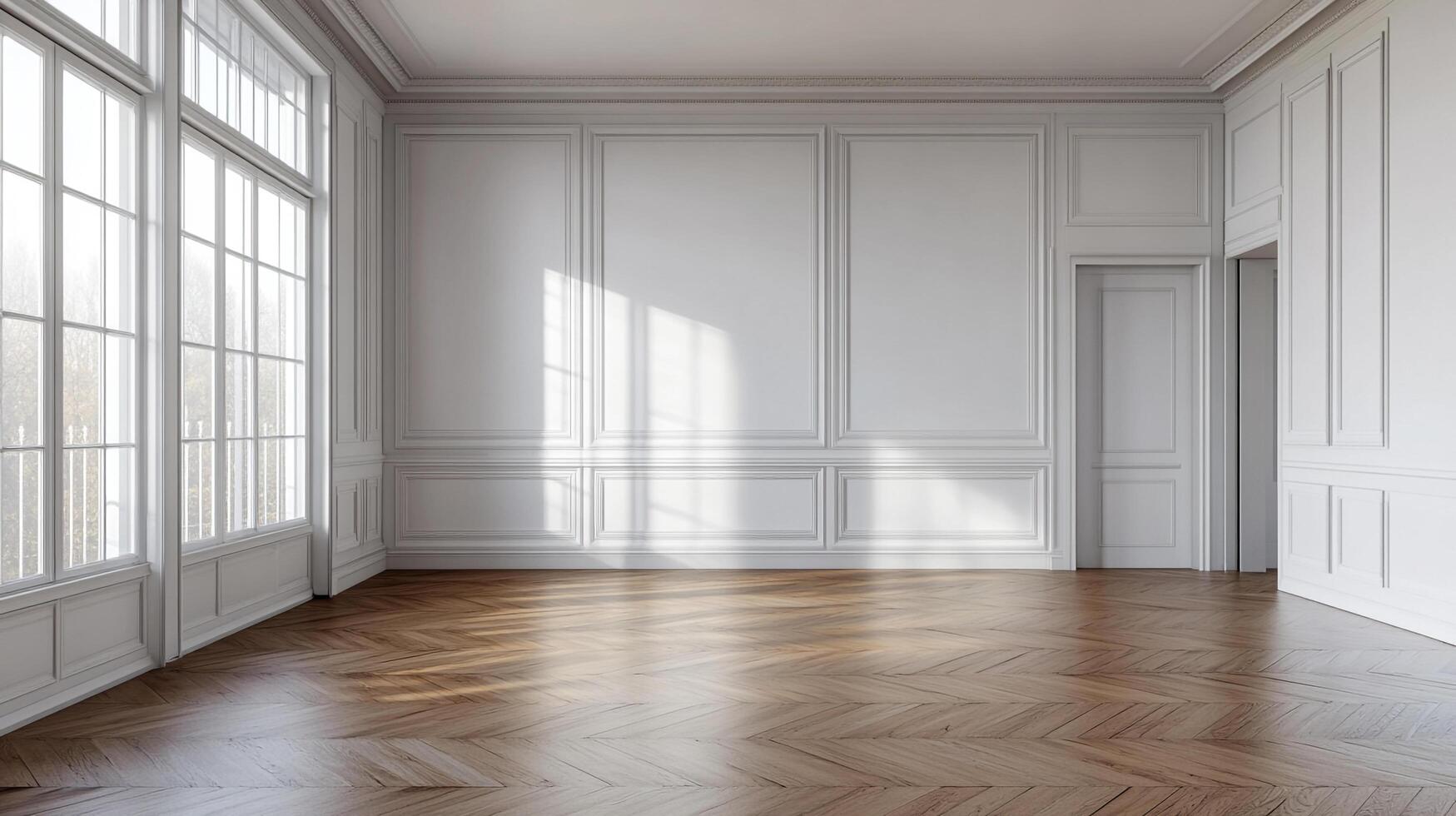 Bright, empty room with herringbone wood floor, paneled walls and large windows letting in sunlight, ready for design and personalization photo
