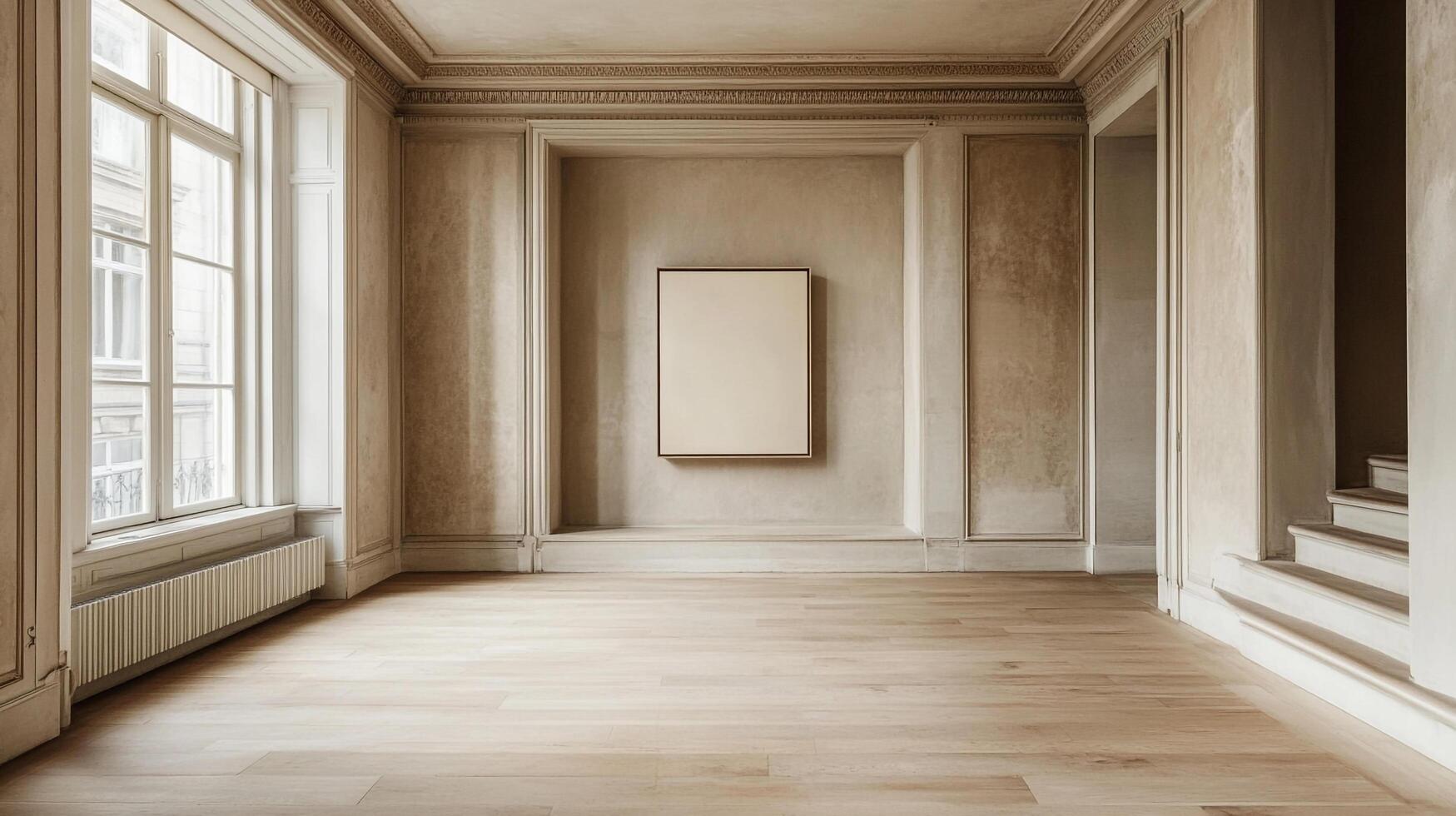 Bright, airy room with hardwood floors, large window, and artwork. Elegant architectural details and neutral tones create a serene space. photo