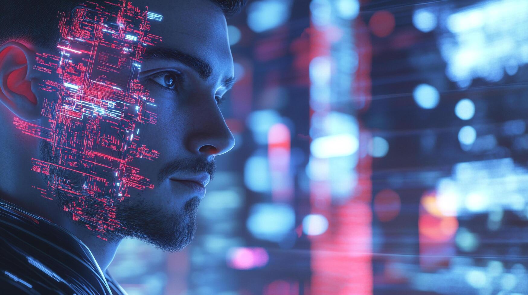 A man in a digital world, half of his face is covered with abstract red geometric shapes, merging reality and virtual space. Future is now. photo