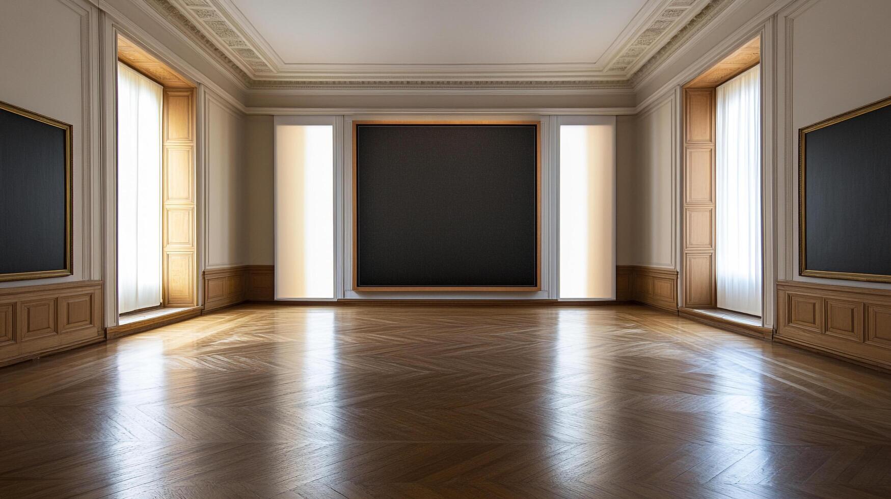 A classically designed room features dark artwork, window light, and a herringbone patterned wooden floor. A peaceful gallery space. photo