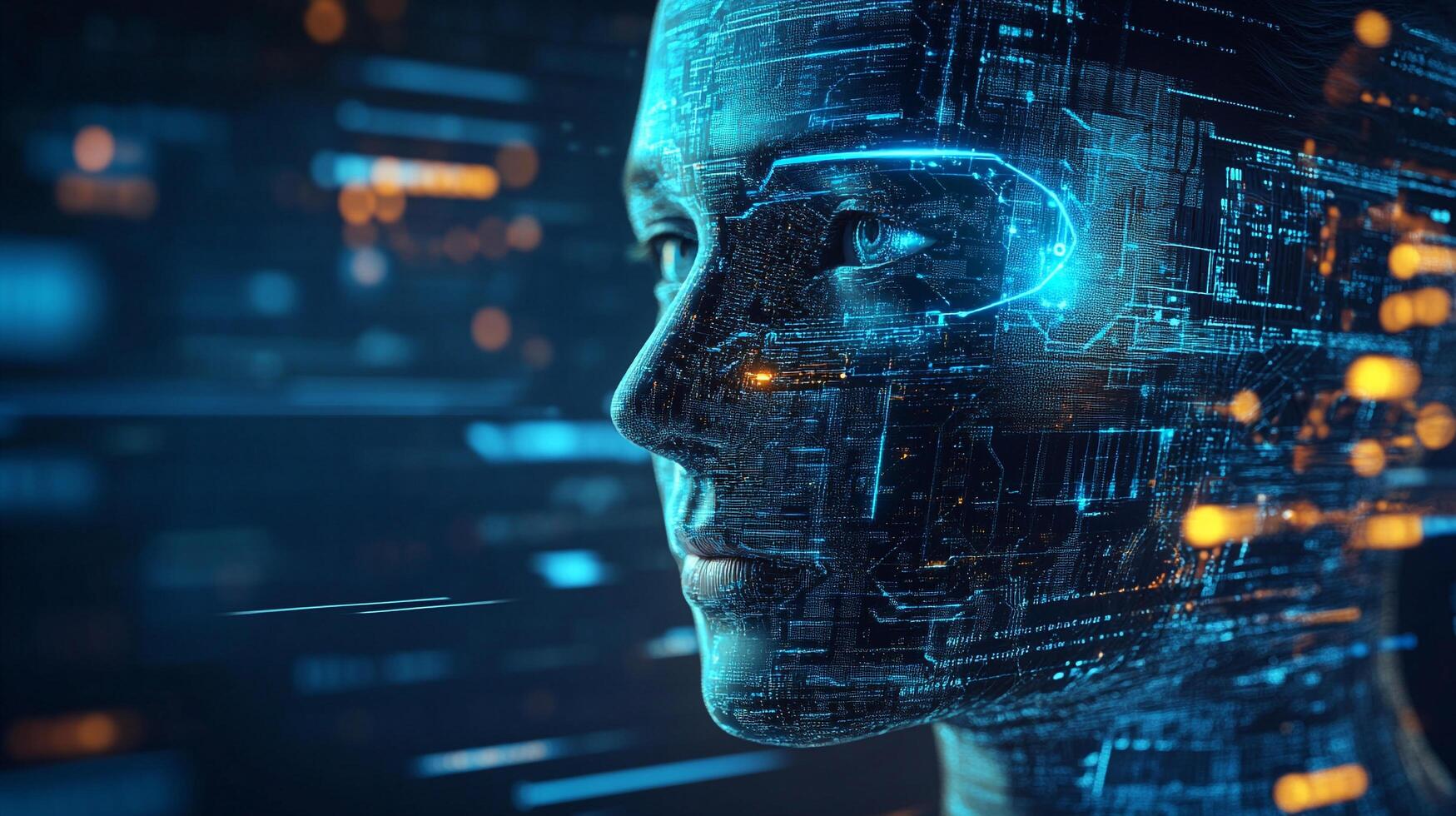 Cybernetic face in blue tones, circuits and digital details. Futuristic representation of AI, innovation and modern technology. photo