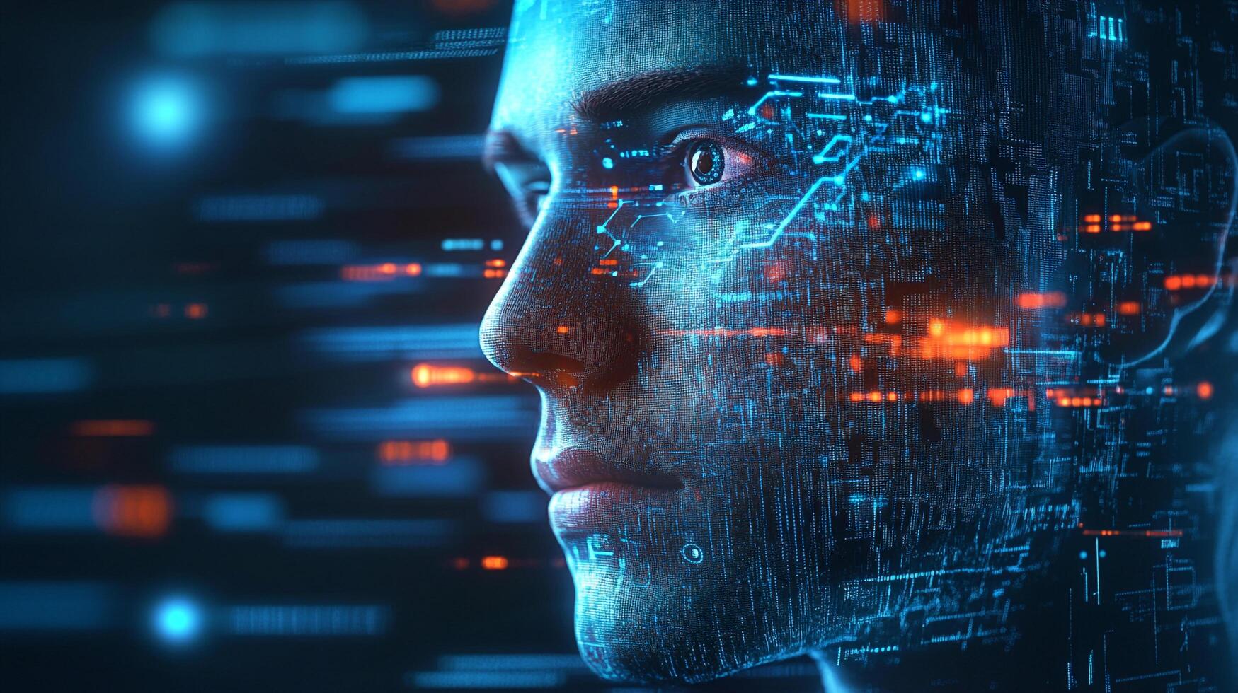Artificial intelligence human face with neural network connections symbolizing the interconnection of digital data and human thoughts. photo