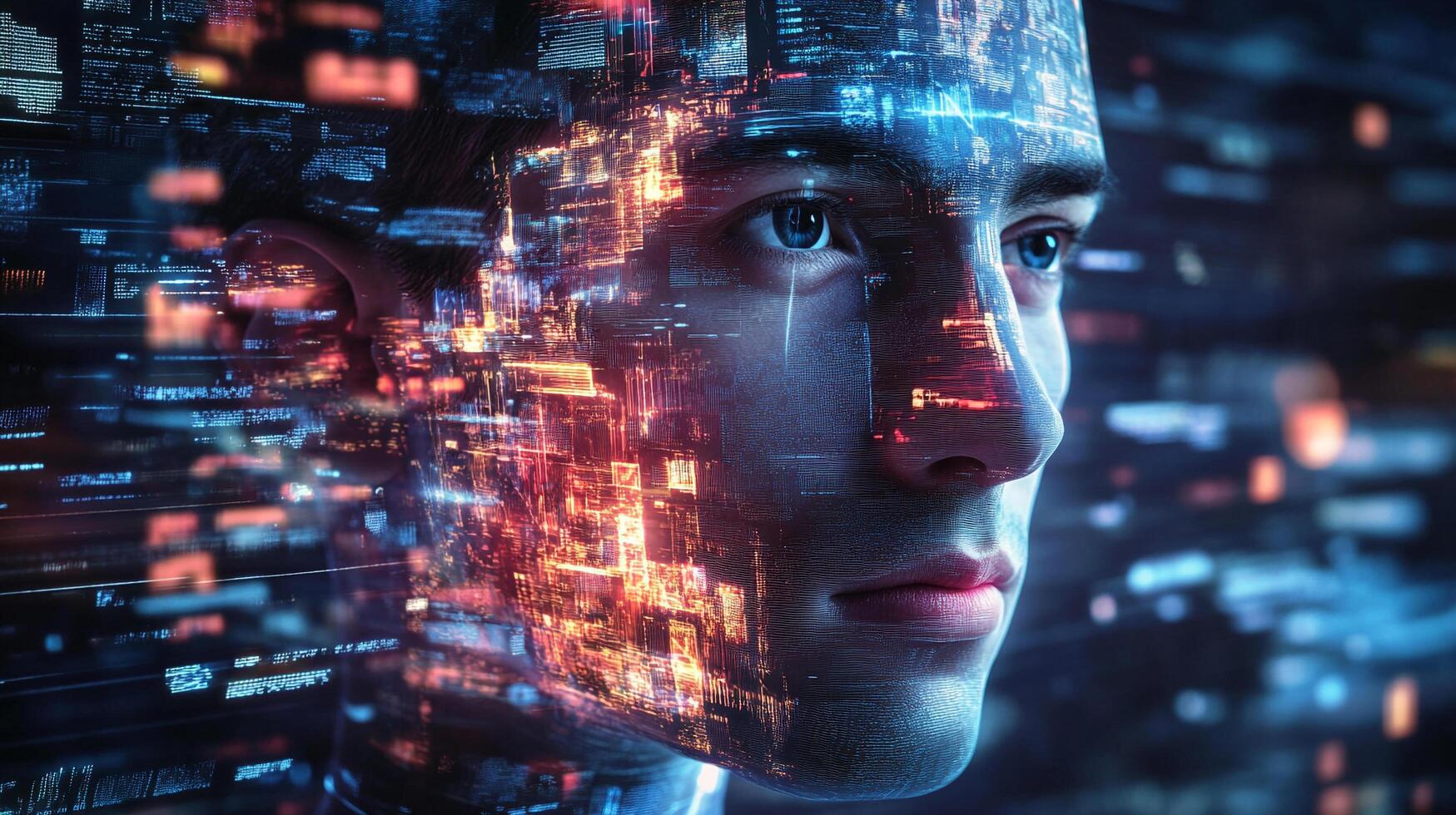 Human face superimposed with digital data, blending reality with the virtual world. Cyberpunk aesthetic featuring city lights. photo