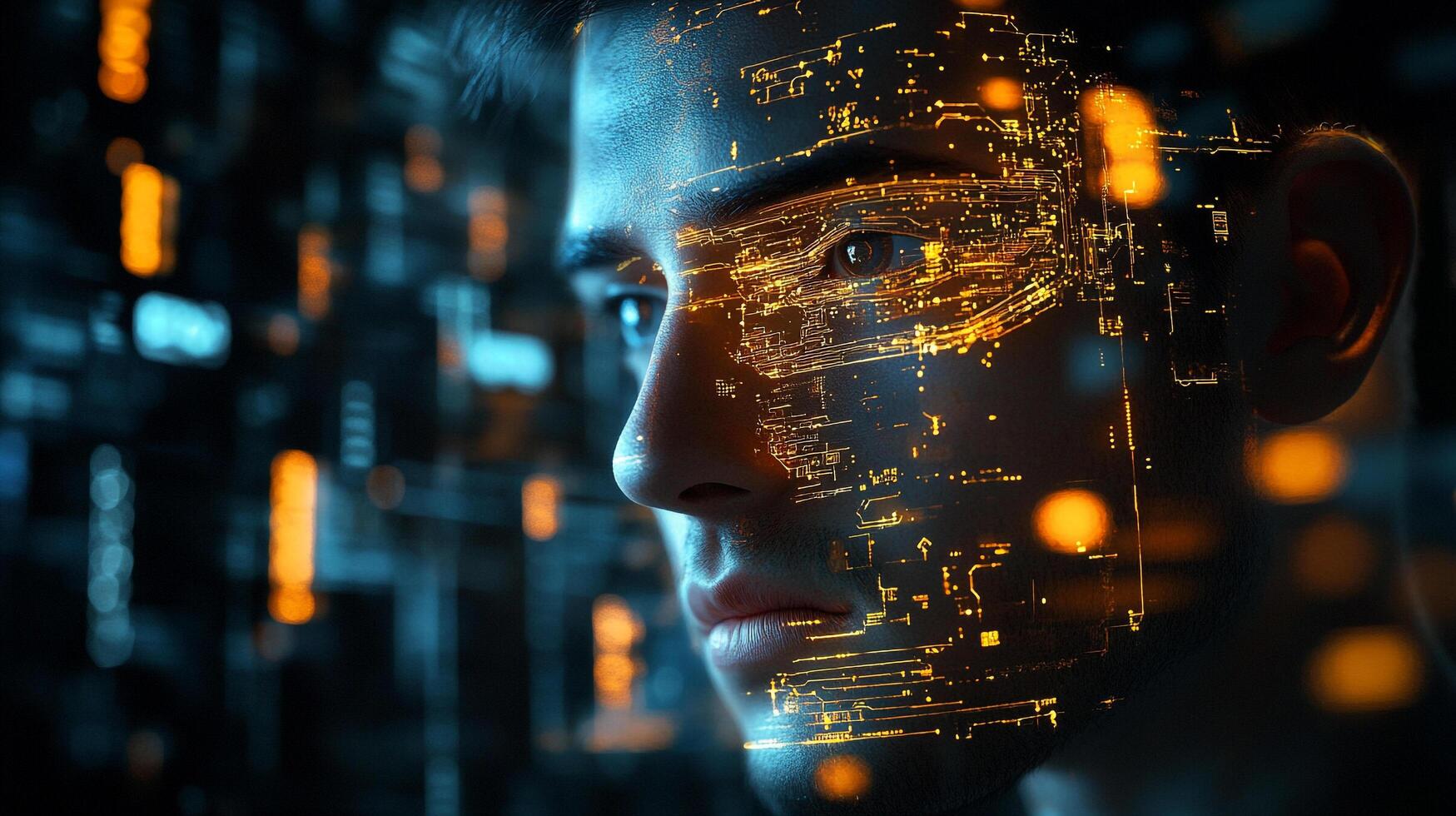 Artificial intelligence converges with human essence, blending technology and portraiture in a fusion of innovation and identity. photo