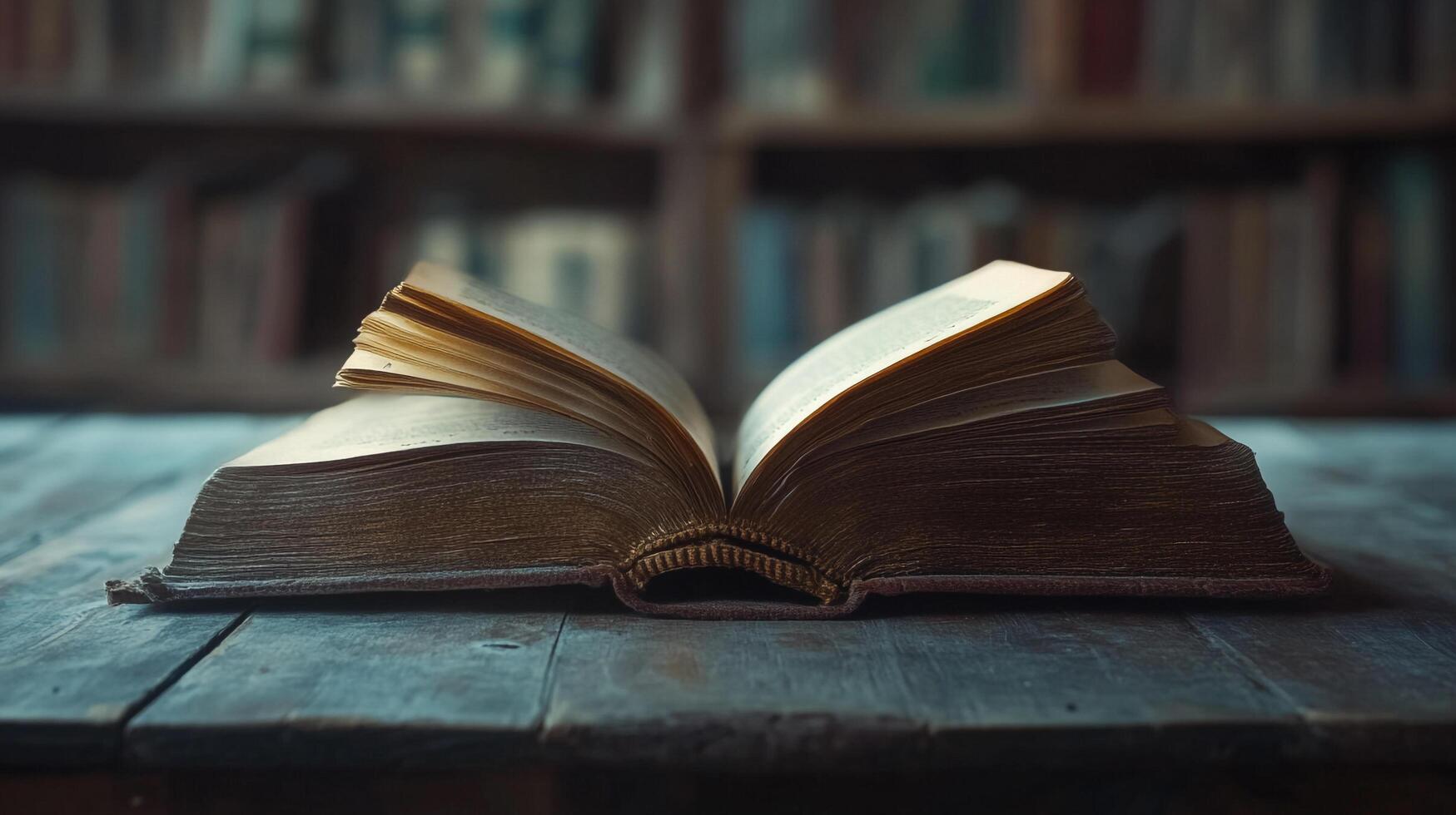 An antique open book rests on a rustic wooden table, revealing aged pages with a library backdrop hinting at timeless knowledge. photo