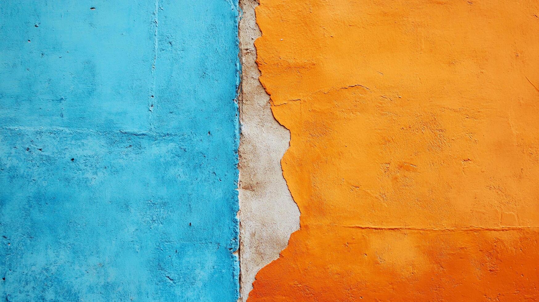 Painted wall featuring two striking colors. The left side is painted blue and the right side is a shade of orange separated by texture. photo
