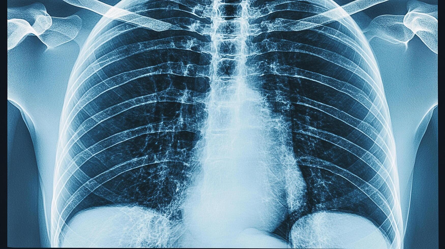 Medical X-ray of a human chest cavity with ribs, heart, and lungs shown in a translucent, monochrome scan, indicating diagnostic imaging. photo