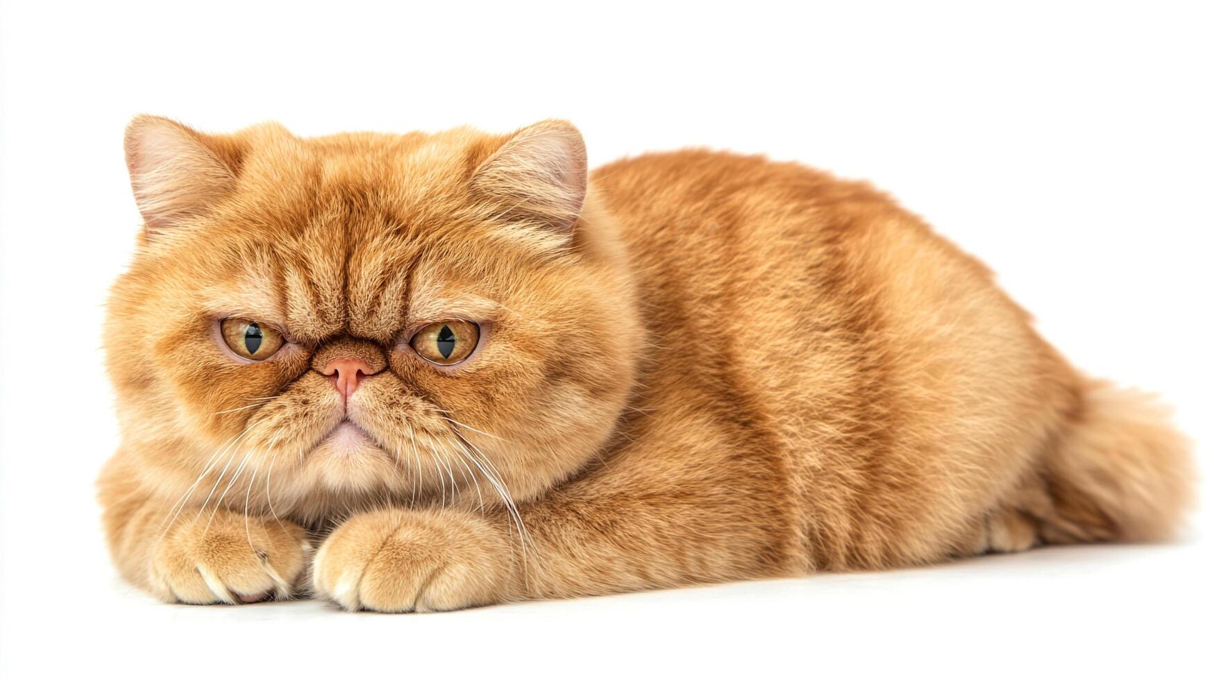 A fluffy orange cat with a flat face, golden eyes, and a grumpy expression is lying down on a white background, looking serious. photo