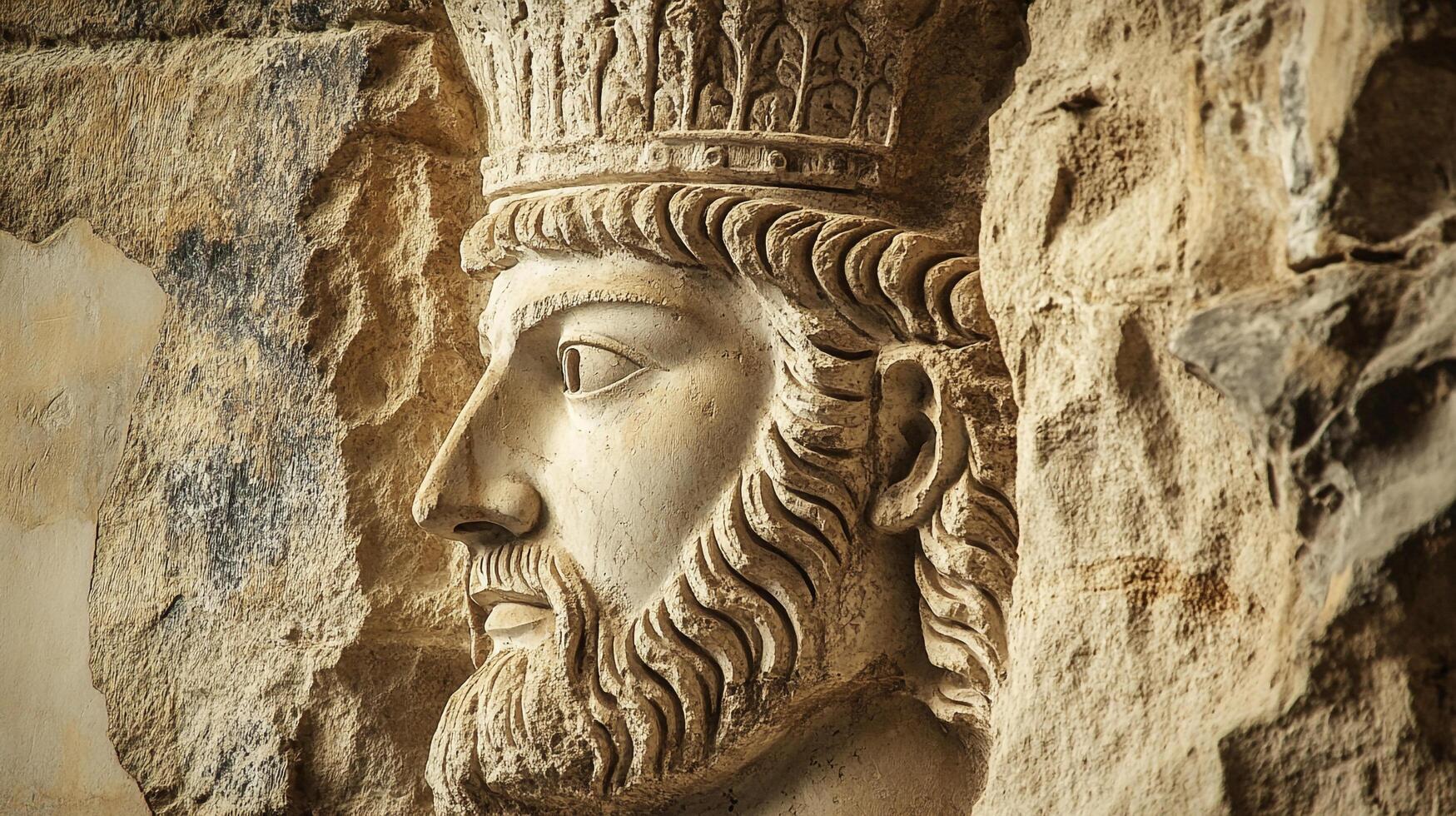 Ancient stone relief carving depicting the regal profile of a man with a crown, beard, and distinct features. Archaeological artwork. photo