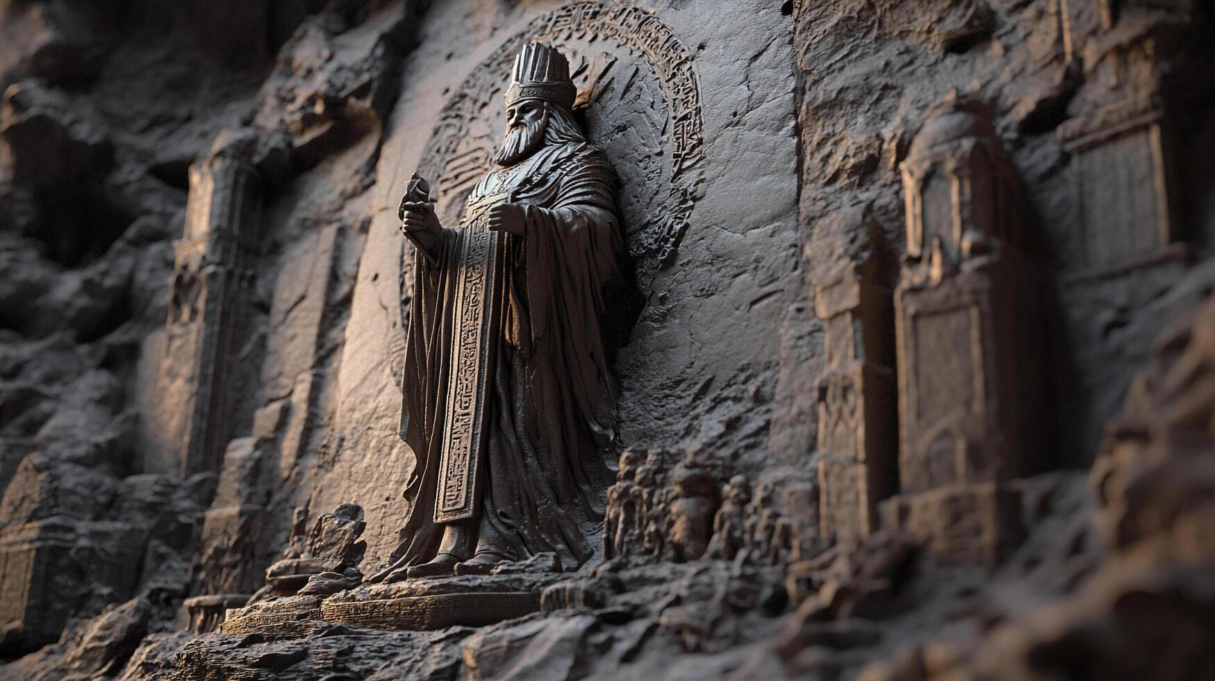 Ancient stone carving depicting a bearded figure in regal attire, surrounded by intricate details and weathered textures. Archeological find. photo