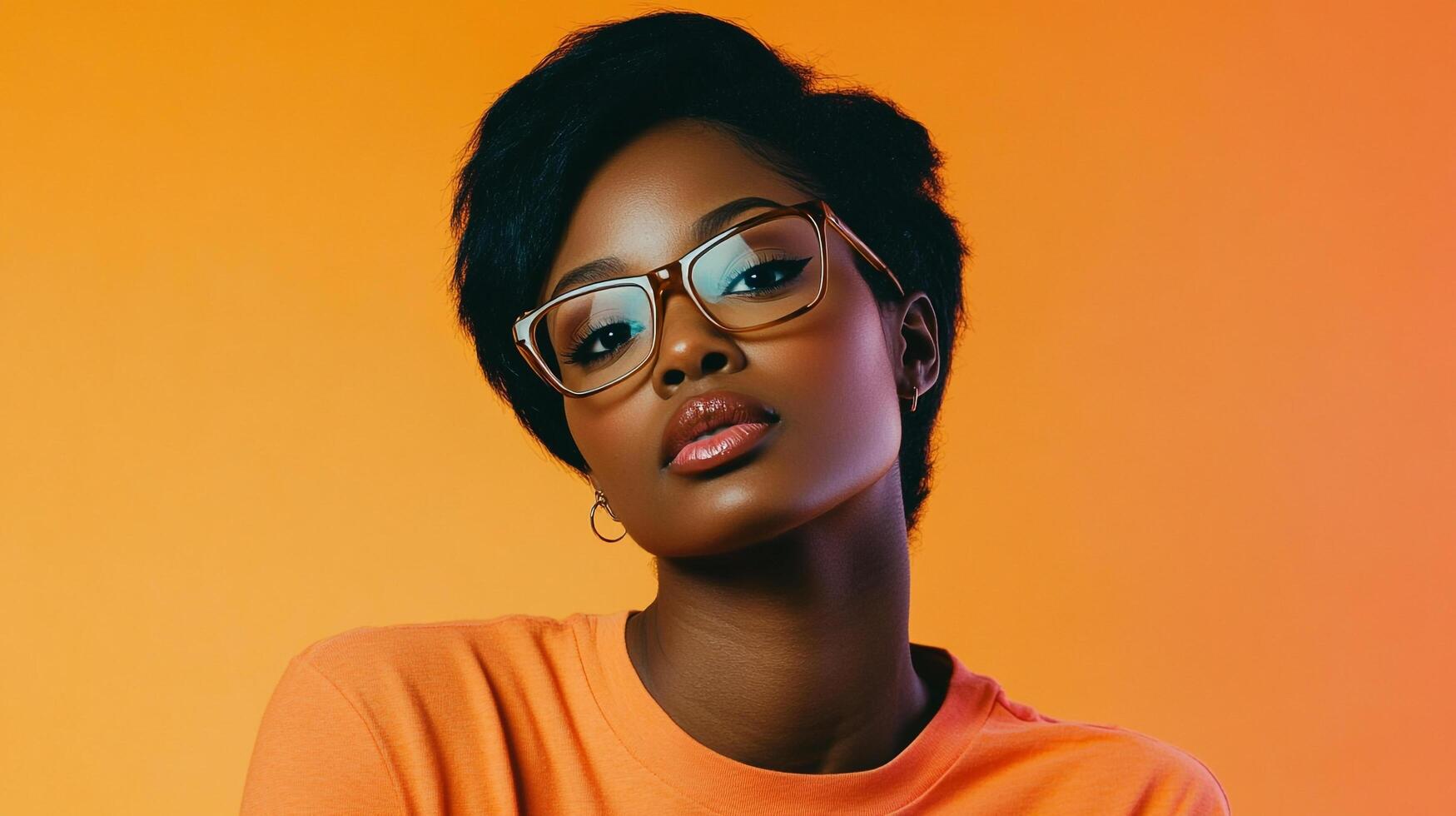 Stylish portrait of a beautiful woman with glasses against an orange backdrop. Confidence shines through. Captivating and modern. photo