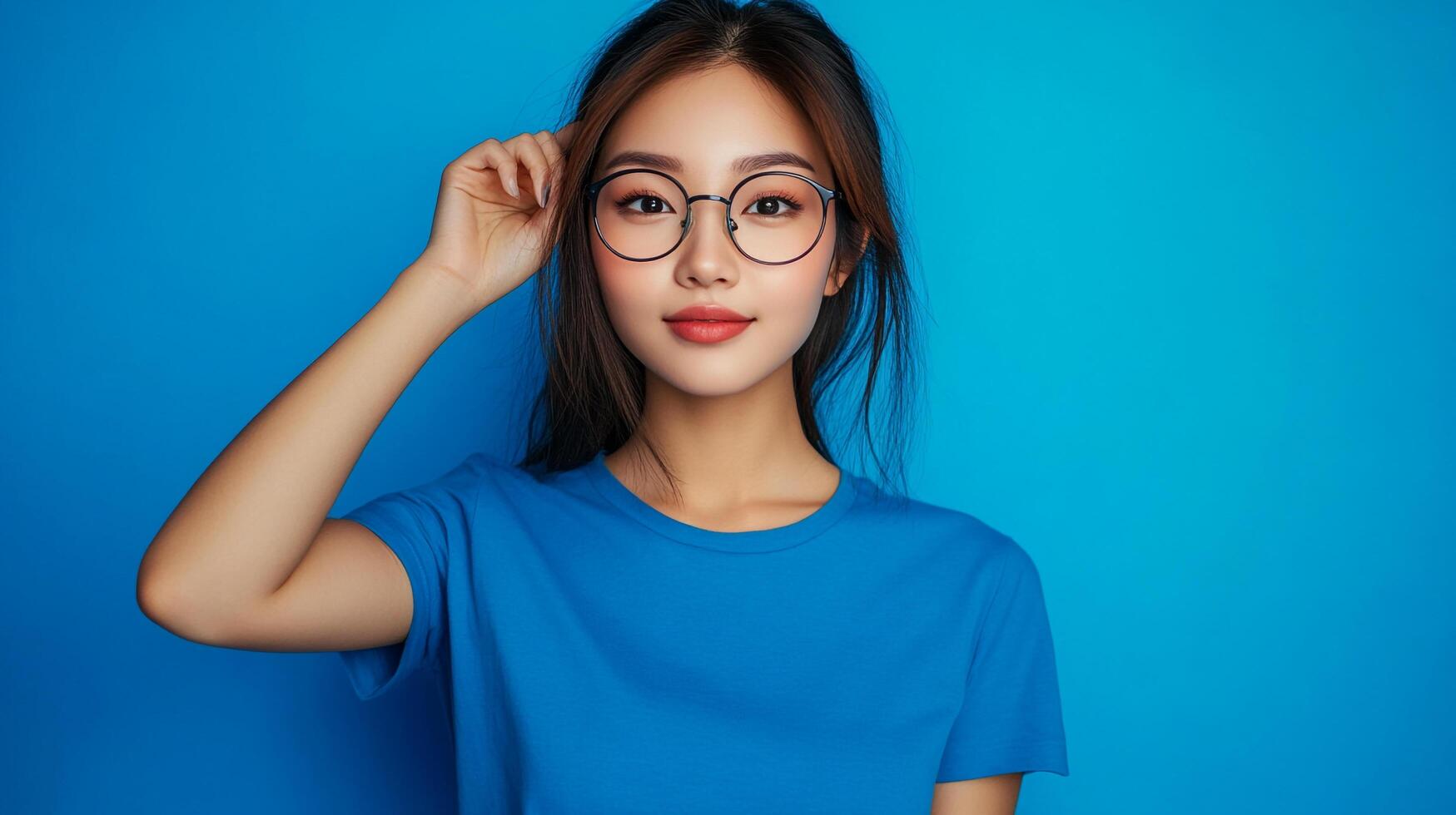 Portrait of an Asian woman with round glasses in front of blue backdrop, holding the frame of her glasses while posing in a studio photo