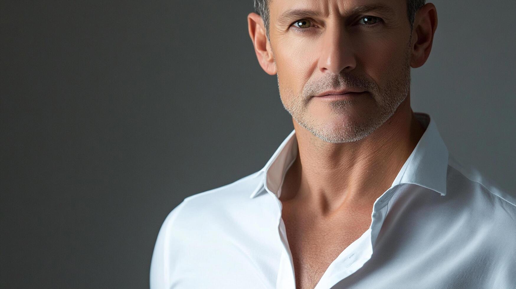 Serious middle-aged man in white dress shirt against gray background. Portrait of confidence and experience. Minimalist headshot. photo