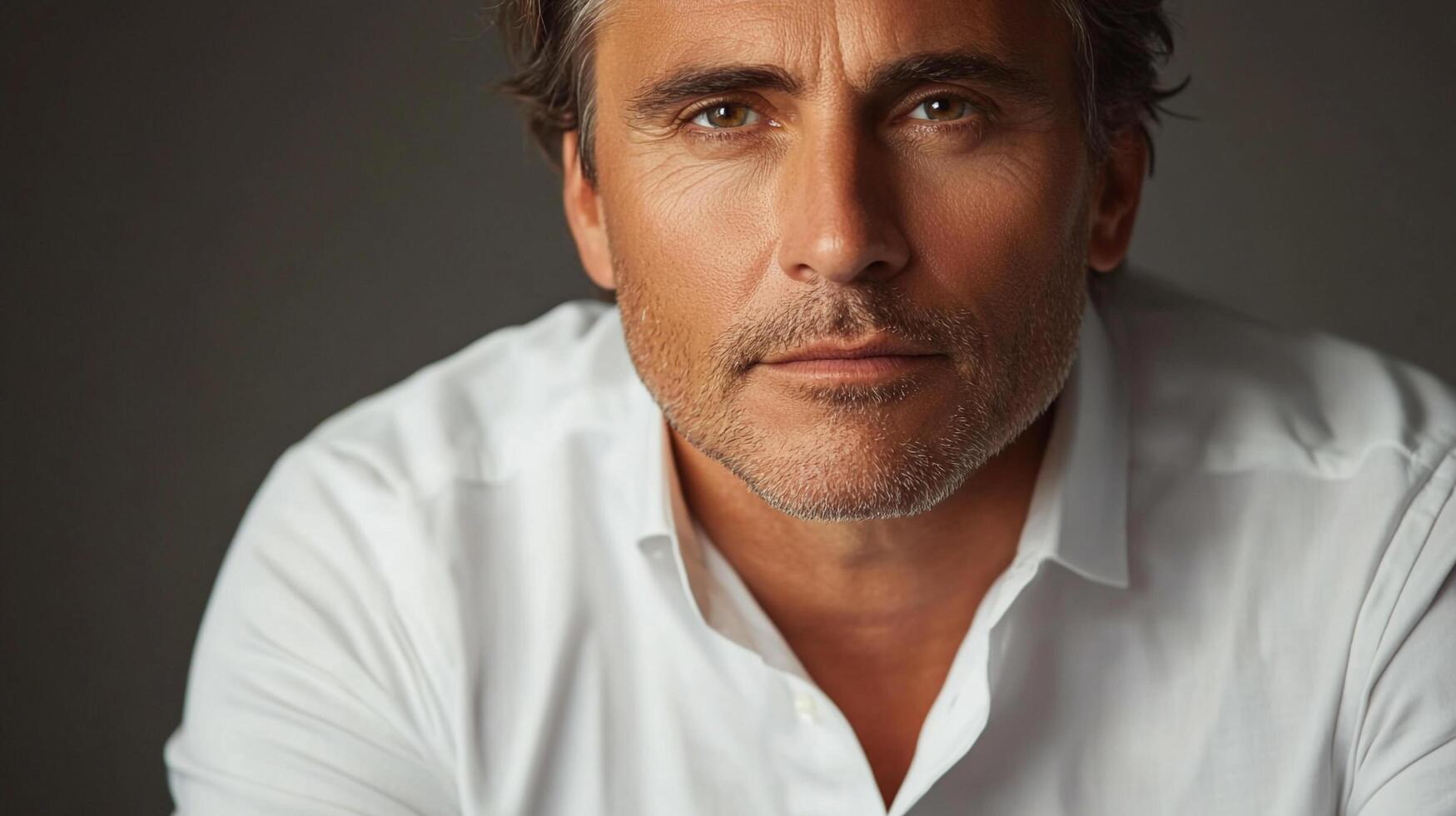 Close-up of a handsome middle-aged man in a white shirt, showcasing his mature features and calm expression against a neutral backdrop. photo
