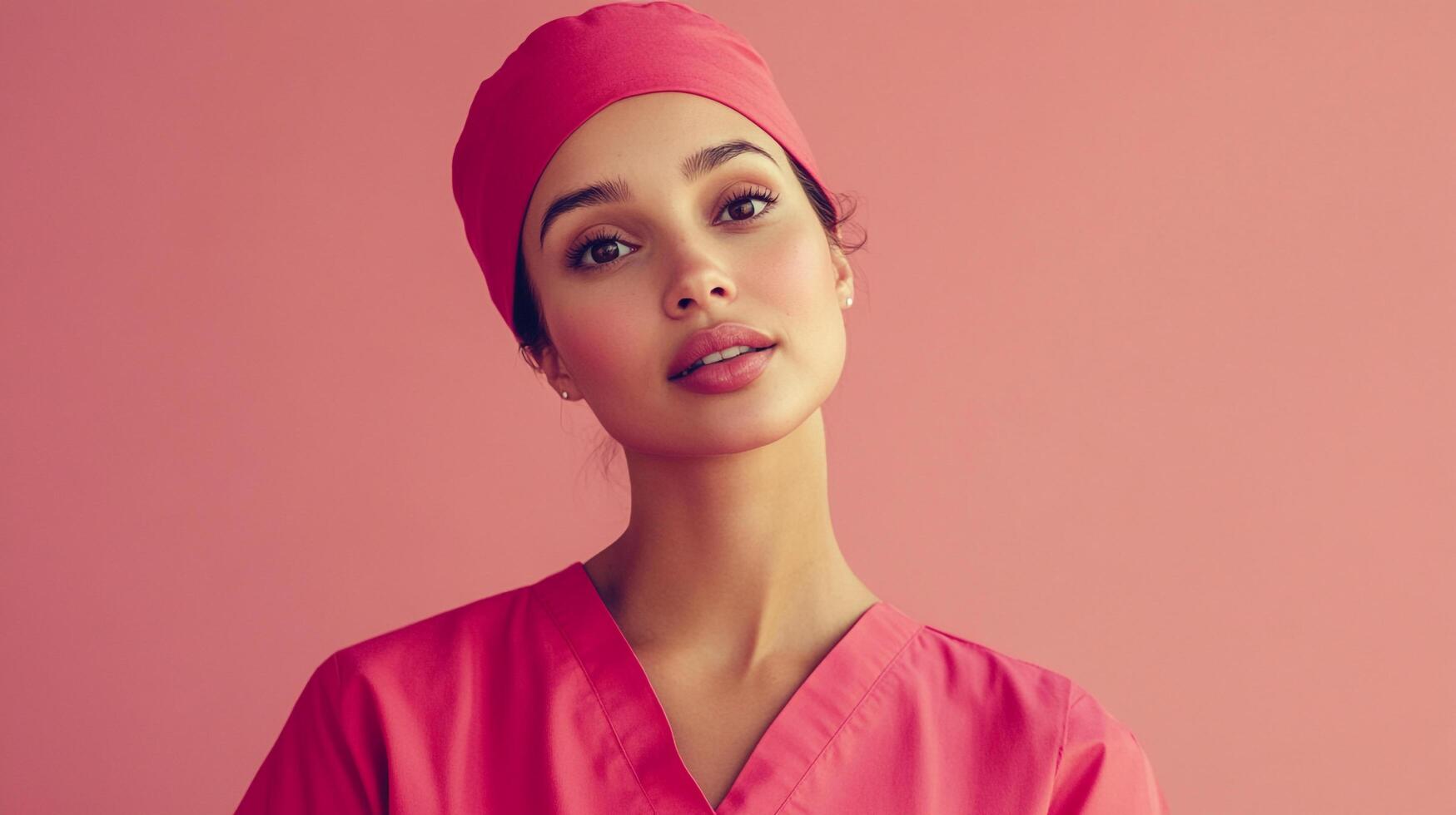 Portrait of a healthcare professional in pink surgical attire, exuding confidence and expertise on a matching pink background. photo
