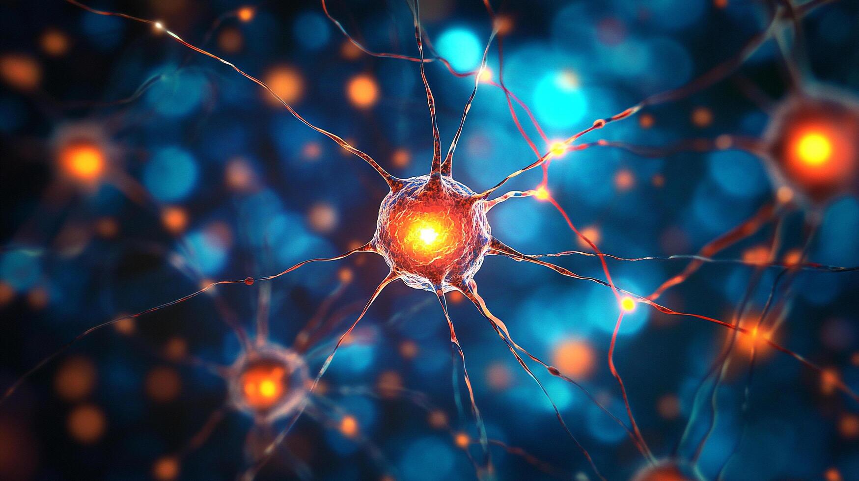 Vibrant neuron cells glow with energy against a dark background. Illustrating the intricate network and electric communication. photo