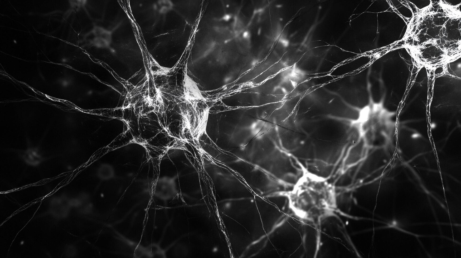 Monochromatic neurons are captured in an abstract and dynamic composition, highlighting interconnections against the stark background. photo