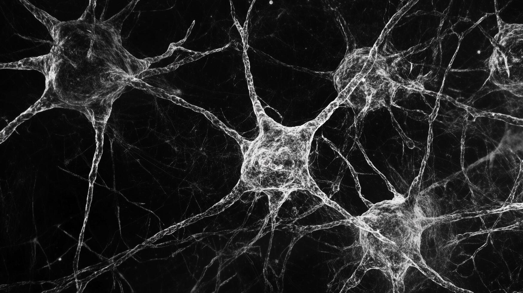 Detailed microscopic view of neurons in a neural network, highlighted against a dark background. Nerve cell study in black and white. photo