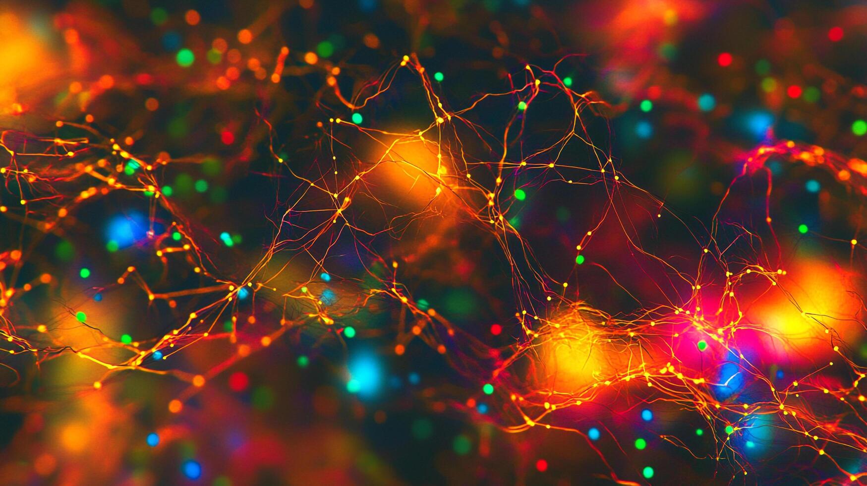 Interconnected network of glowing dots and lines forming a complex, vibrant web, resembling a neural network or abstract data visualization. photo