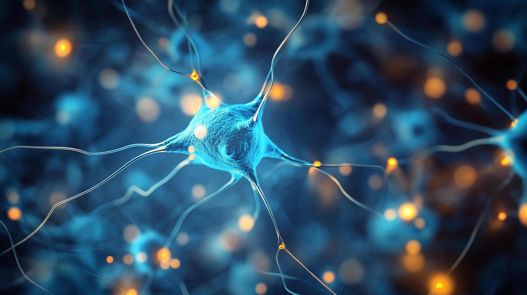 Detailed microscopic rendering of neurons in an artificial intelligence network conveys data transmission via light-emitting branches. photo