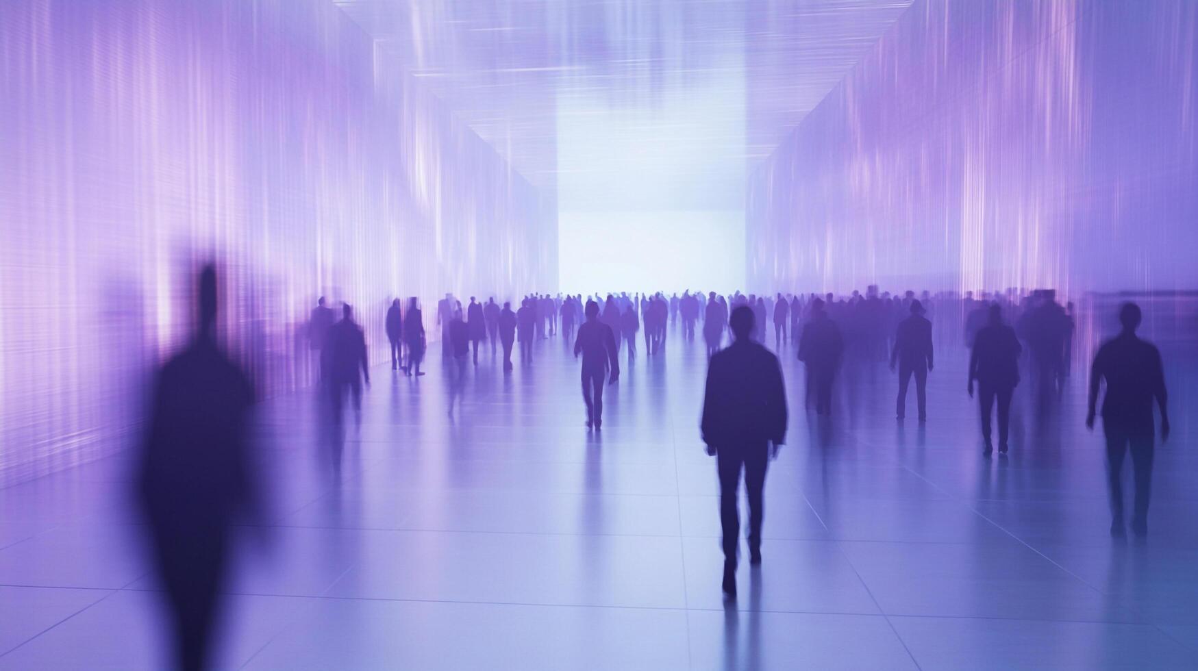 Crowd of Silhouetted Figures Walking Through a Bright, Futuristic Space with Reflections and Purple Tones. Motion blur captures movement. photo
