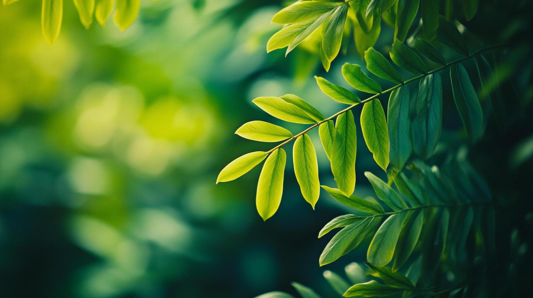 Lush green foliage creates a serene natural scene. Leaves and branches are in soft focus adding to the calm ambiance. photo