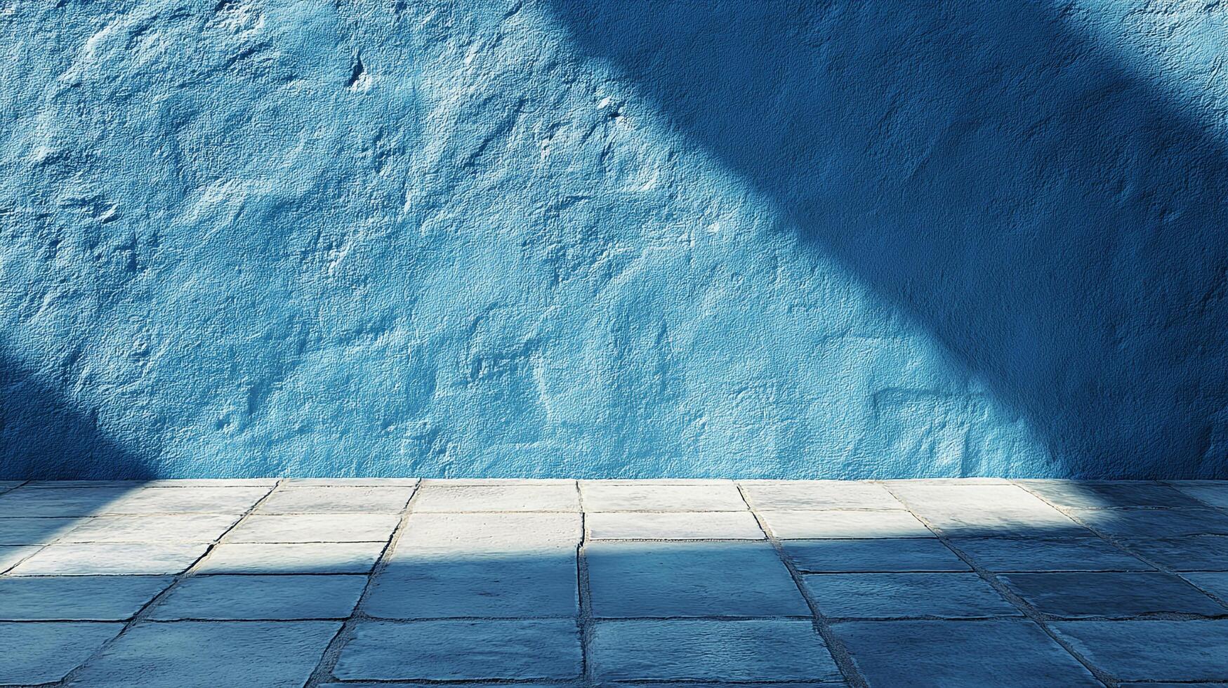 Abstract textured blue wall with geometric shadows. Tile floor reflects the light, creating a stark contrast with the shadowed wall. photo