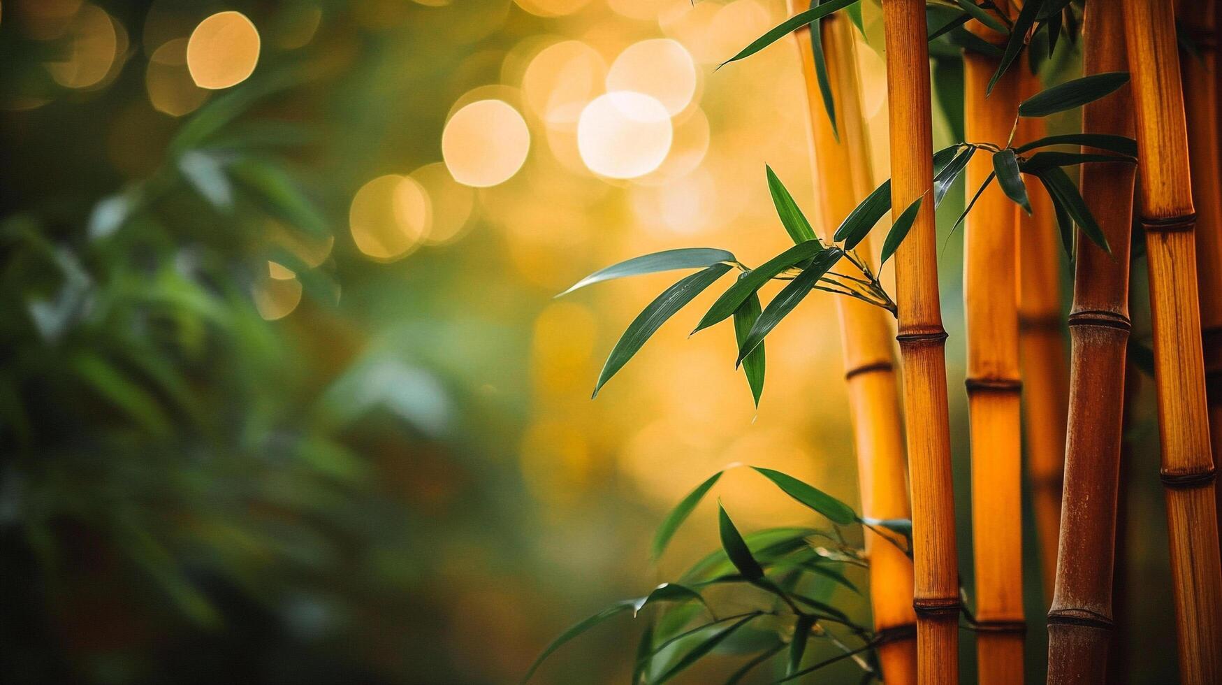 Lush bamboo stalks bask in golden sunlight, their vibrant green leaves offering a serene contrast against a soft, bokeh-filled background. photo