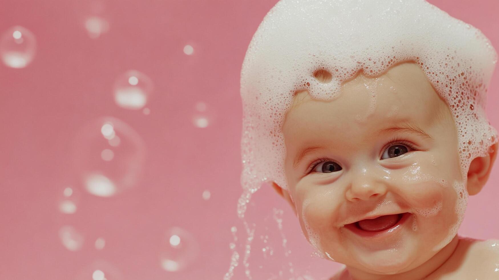 A happy baby with a mountain of foamy soap bubbles on their head smiles in a pink-toned bath, enjoying bath time with floating bubbles. photo