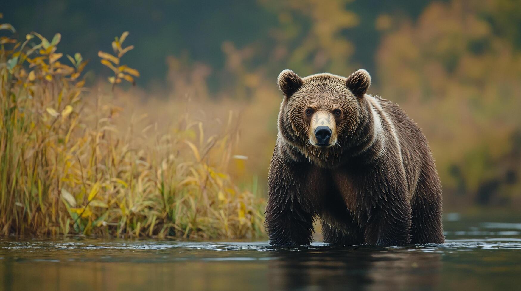 A large brown bear stands waist-deep in a river, facing forward with a backdrop of golden foliage and lush waterside vegetation. photo