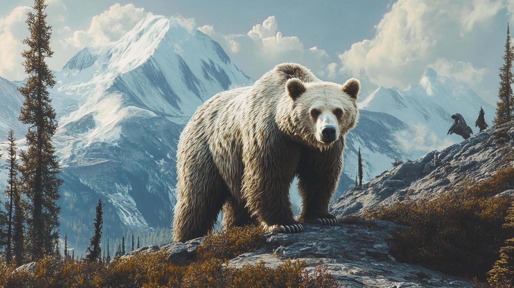 Majestic bear in alpine scenery. Powerful presence in the mountains. Stunning wildlife portrait. Untouched nature and wilderness. photo
