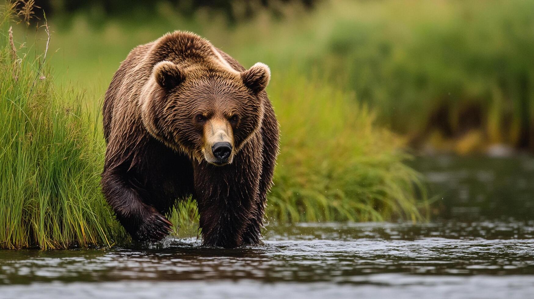 A majestic brown bear, with thick fur, wades through a shallow stream, surrounded by lush green vegetation. photo