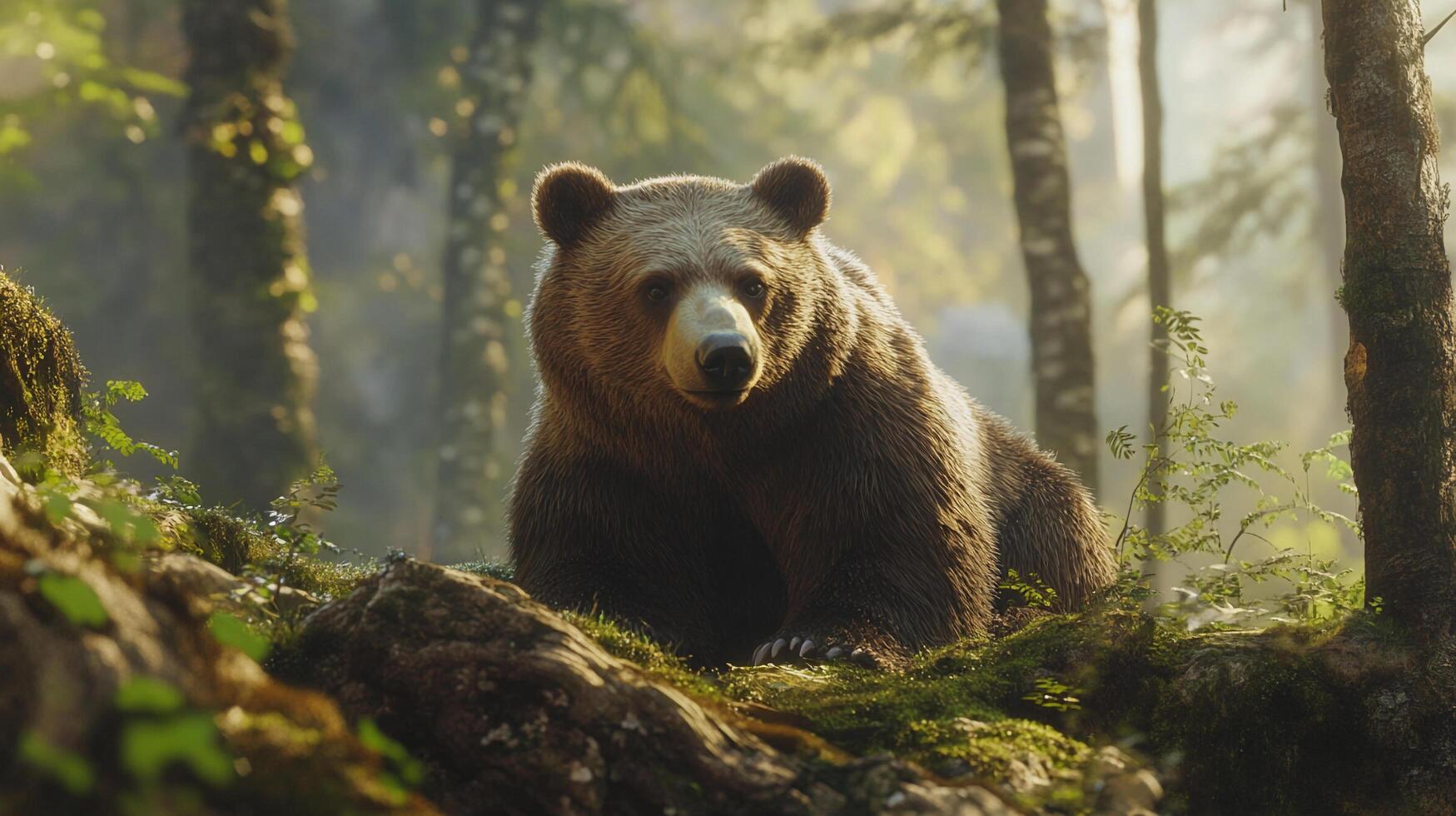 Bear sitting peacefully in sun-dappled forest, surrounded by green foliage and trees, natural light. Peaceful wildlife scene. photo