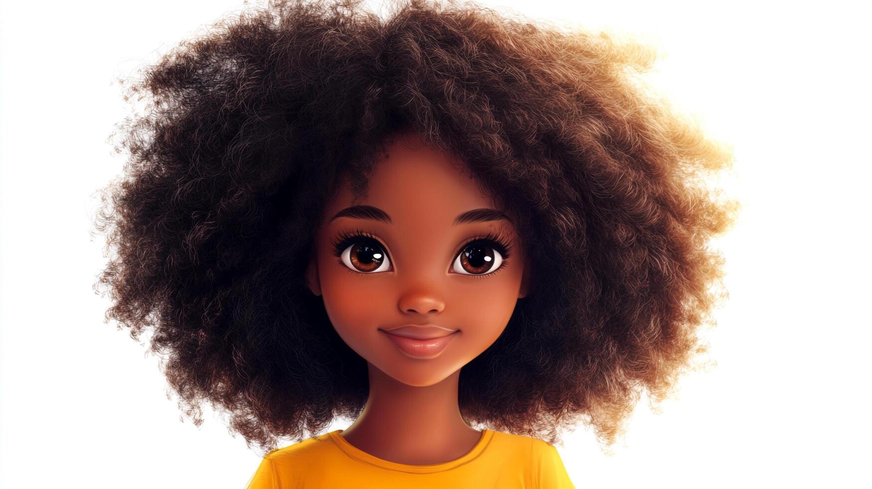Cartoon portrait of a cute girl with curly hair and brown eyes against a bright background, wearing a yellow shirt, cartoon character. photo