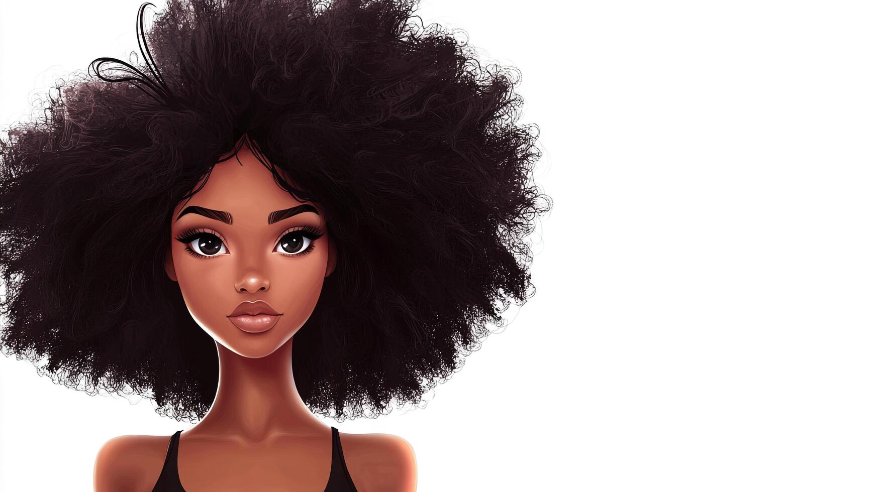 Portrait of a cartoon woman with a large, fluffy afro. She has brown skin and a gentle expression, standing against a white background. photo