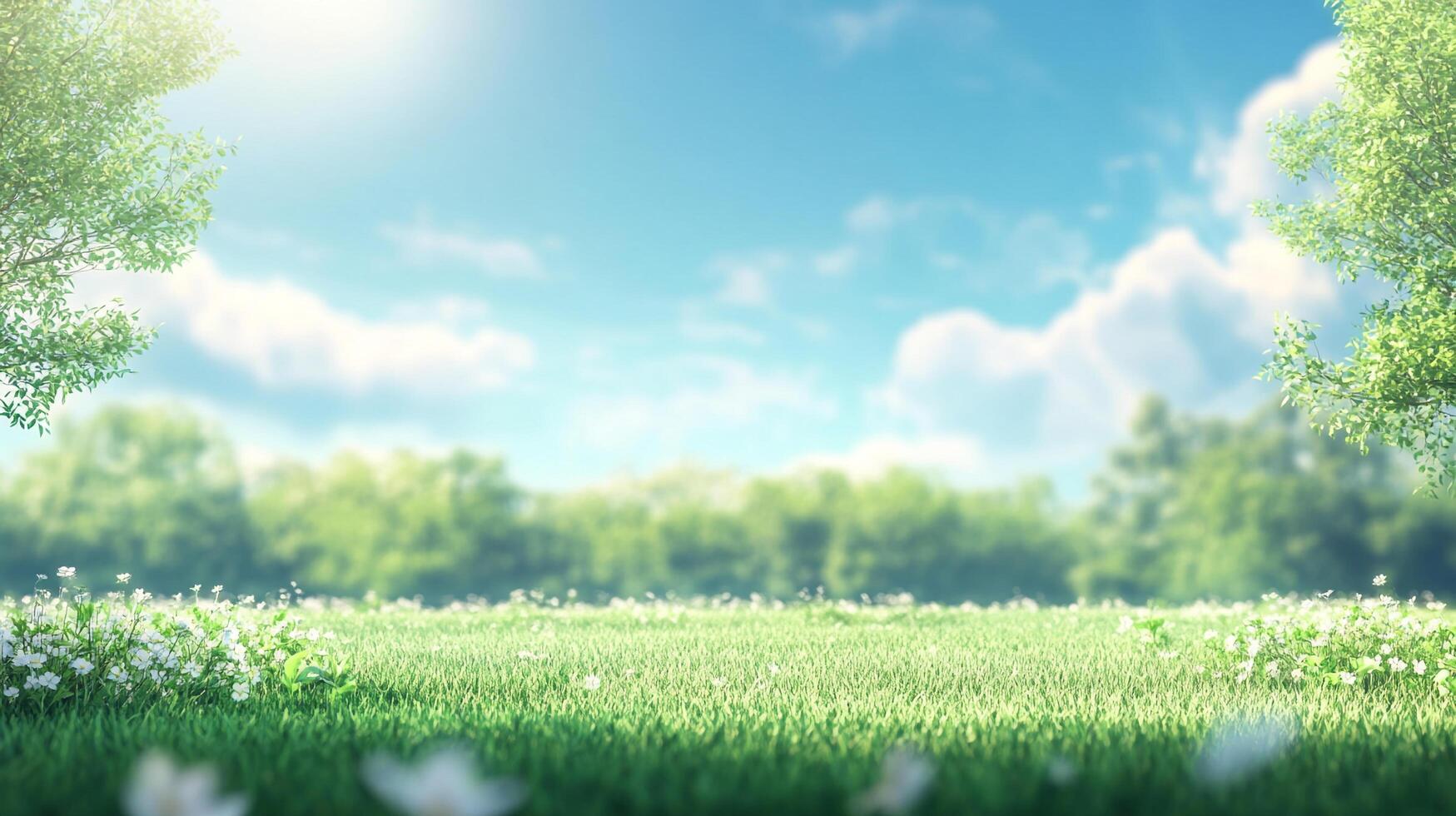 A serene landscape with lush green grass, trees framing the scene under a clear sky with soft clouds. A peaceful, natural environment. photo