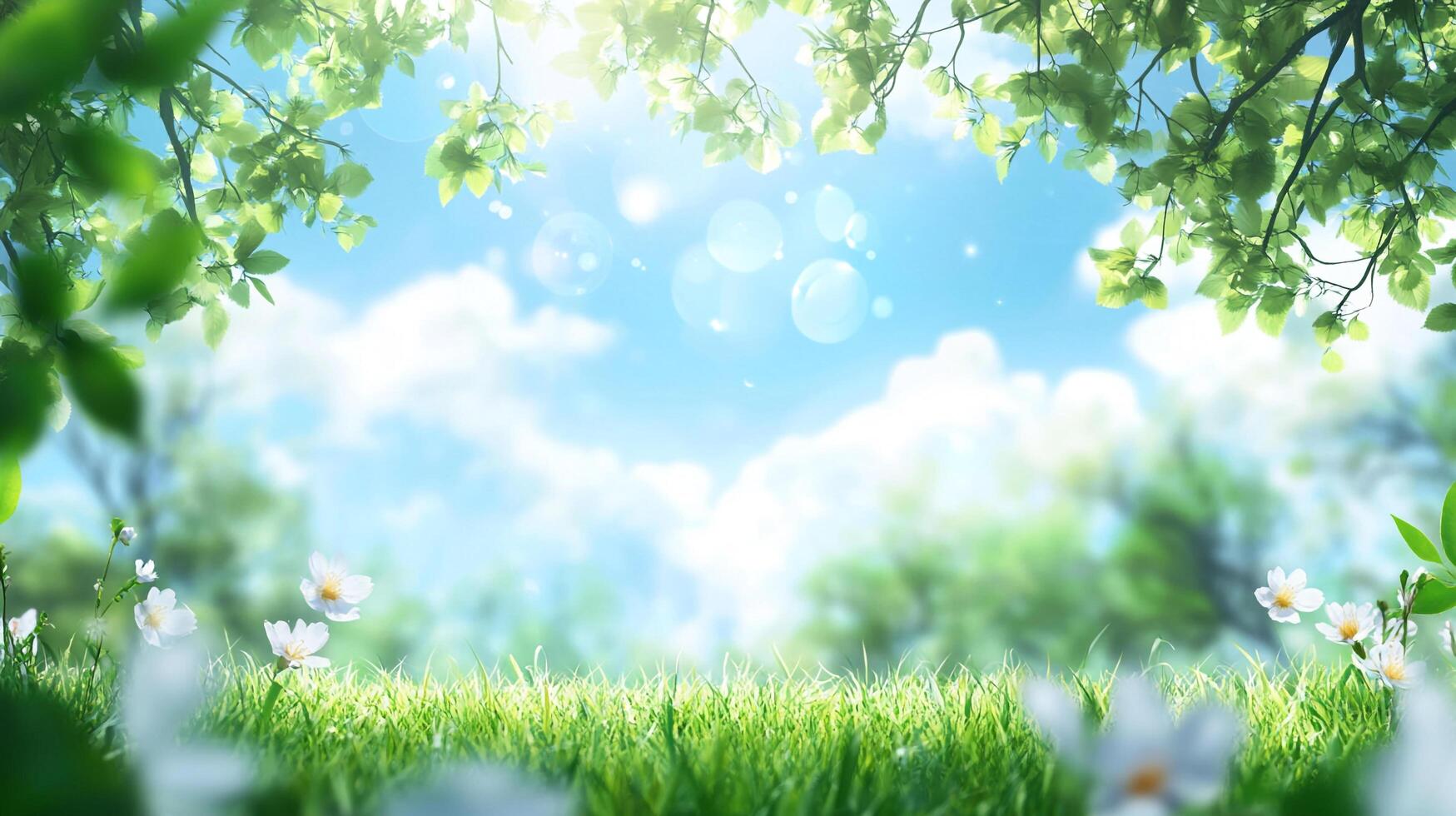 Lush meadow scene with blooming flowers, vibrant green grass, and dappled sunlight filtering through the trees on a sunny day. photo