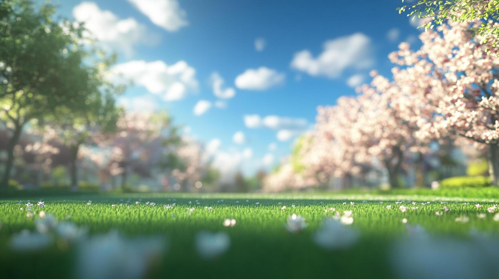 A serene park scene with blossoming trees and a lush green field under a bright, slightly cloudy sky, embodying tranquility. photo