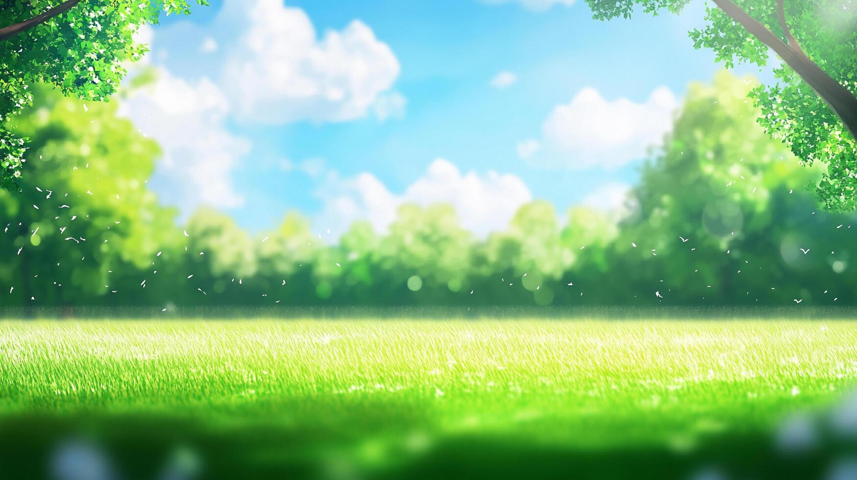 A serene outdoor landscape with lush green grass, trees, and a vibrant blue sky, evoking peace and tranquility. Perfect for a relaxing retreat. photo