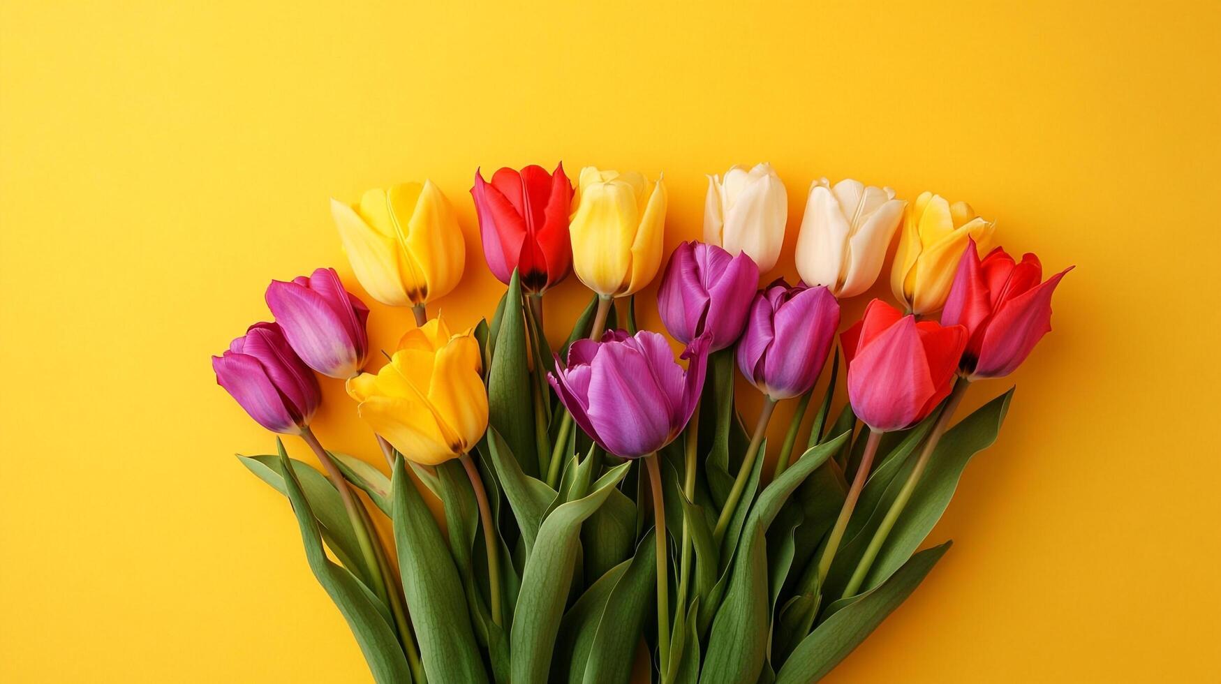 Cheerful tulips brighten the frame, a spring palette of yellow, red, purple, and white, set against a vibrant yellow background. photo