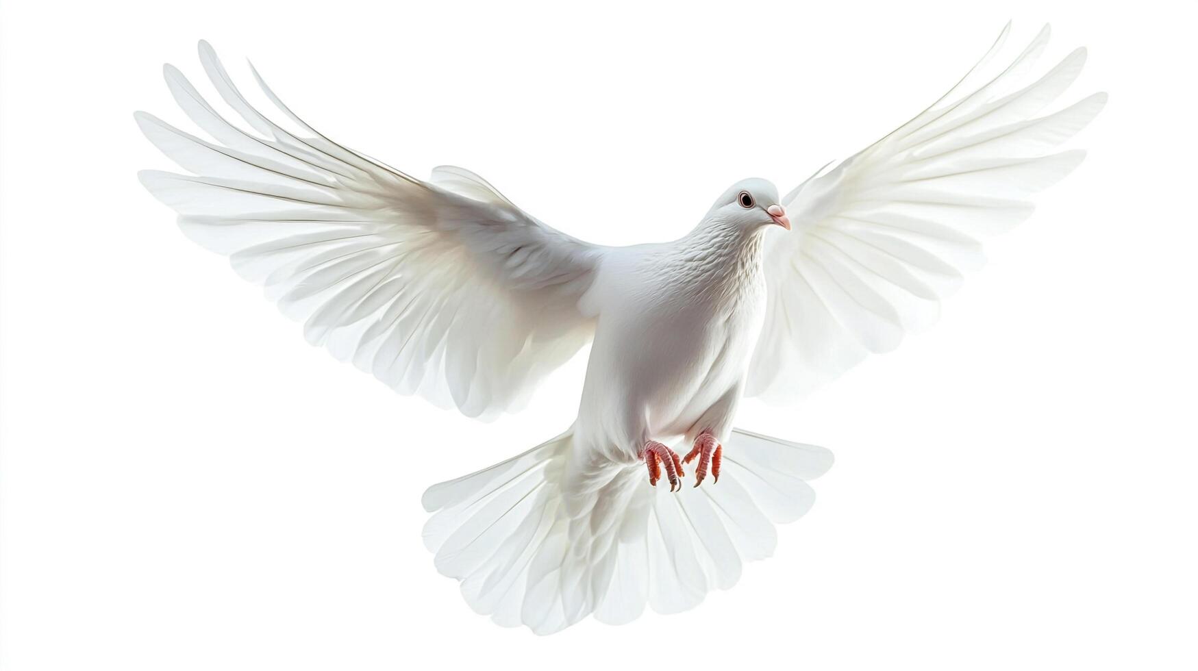 Elegant white dove in flight, wings spread gracefully against a clean background, embodying peace and freedom, serene movement. photo