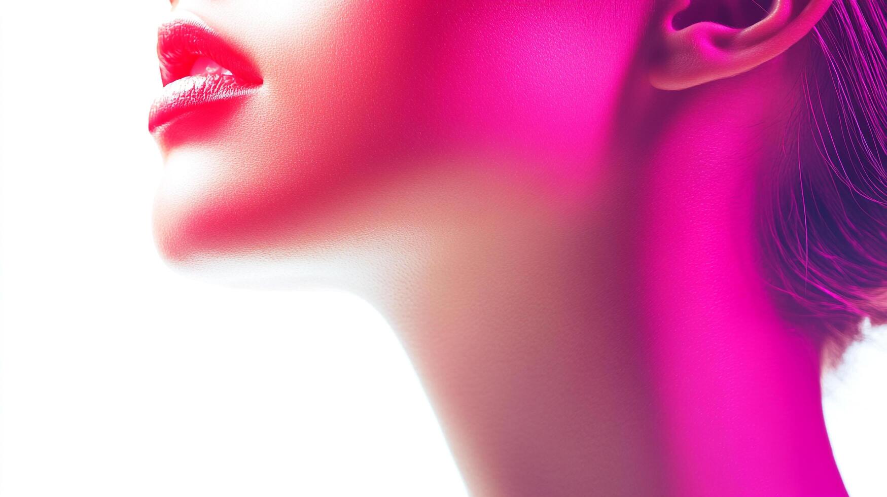 Close-up of a radiant face with vibrant red lips, illuminated by a soft pink light, highlighting elegance and beauty against a white backdrop. photo