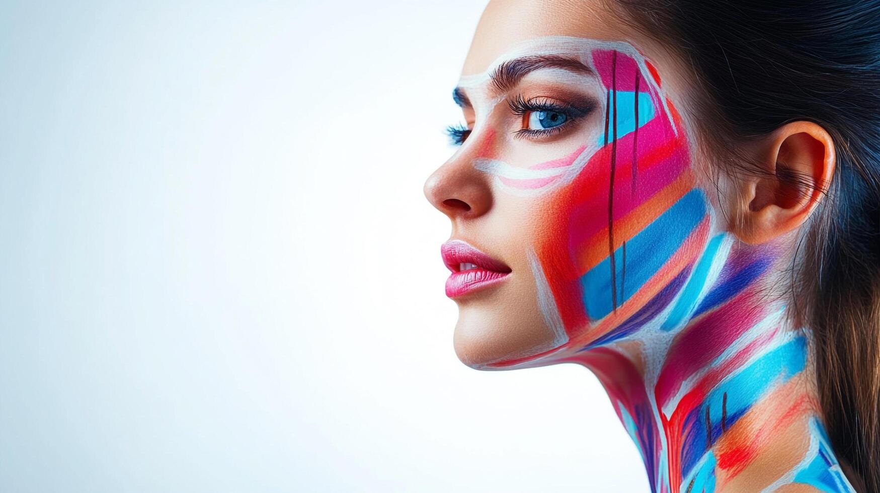 Artistic portrait of a woman with vibrant colorful paint on her face and neck in a studio setting. Bold and artistic makeup look. photo