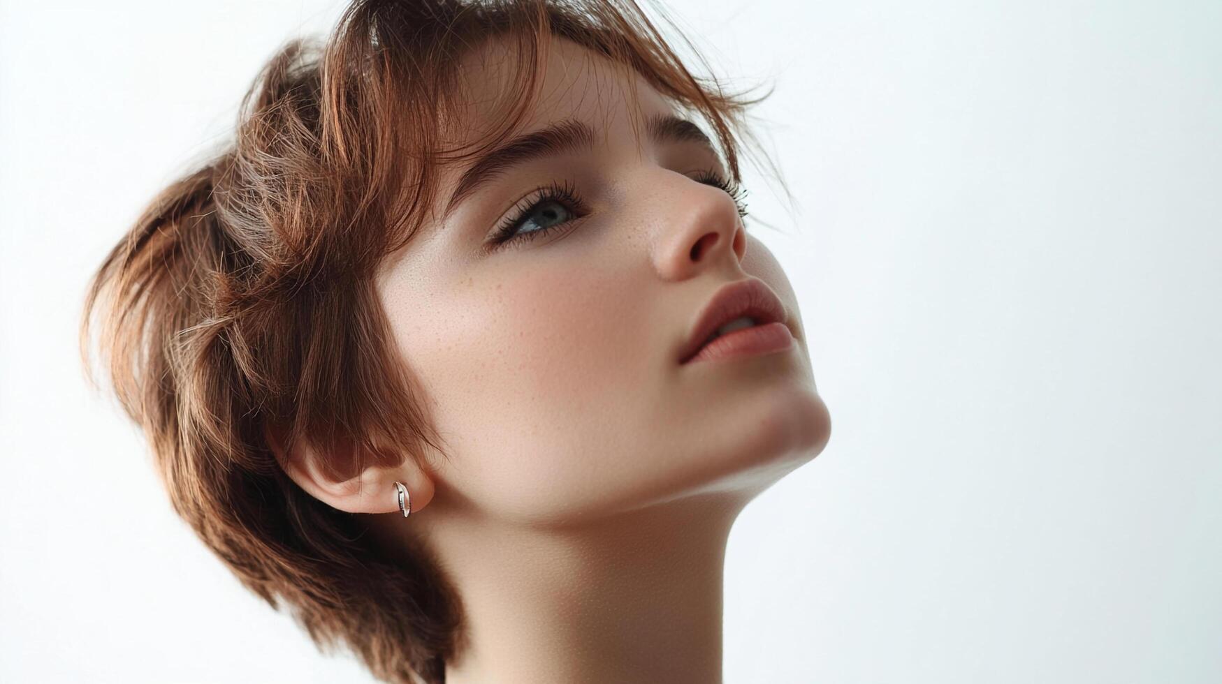 Portrait of a young woman with short auburn hair and upward gaze, showcasing her clear skin and delicate earring against a bright backdrop. photo