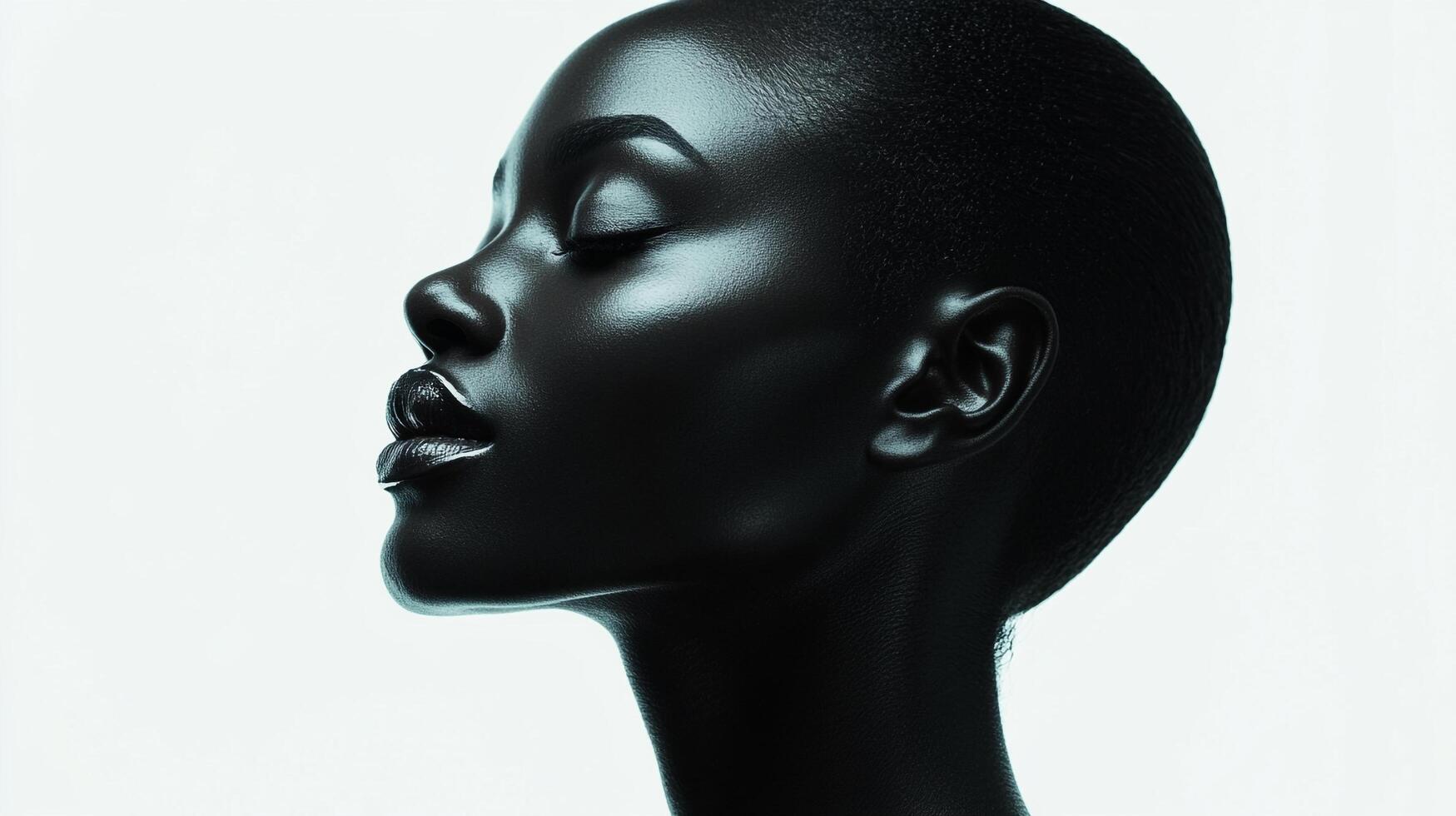 Striking portrait showcasing a woman's profile with flawless, even skin. Her closed eyes add to the serene, elegant feel. Minimalist background. photo